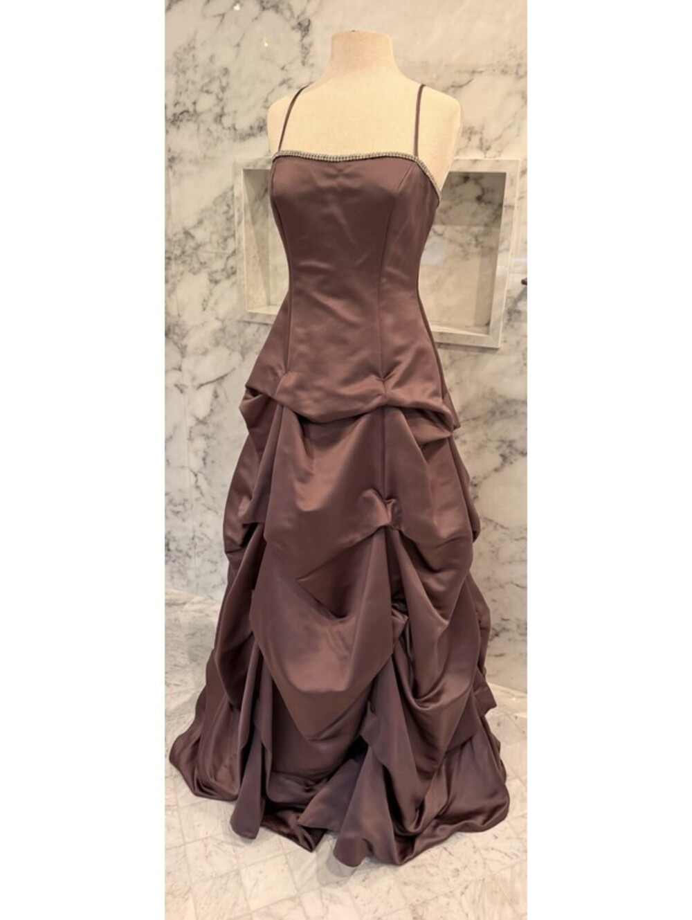 Vintage Alyce Size 12 Brown Satin Rhinestone Prom Evening Ball Gown Y2K
